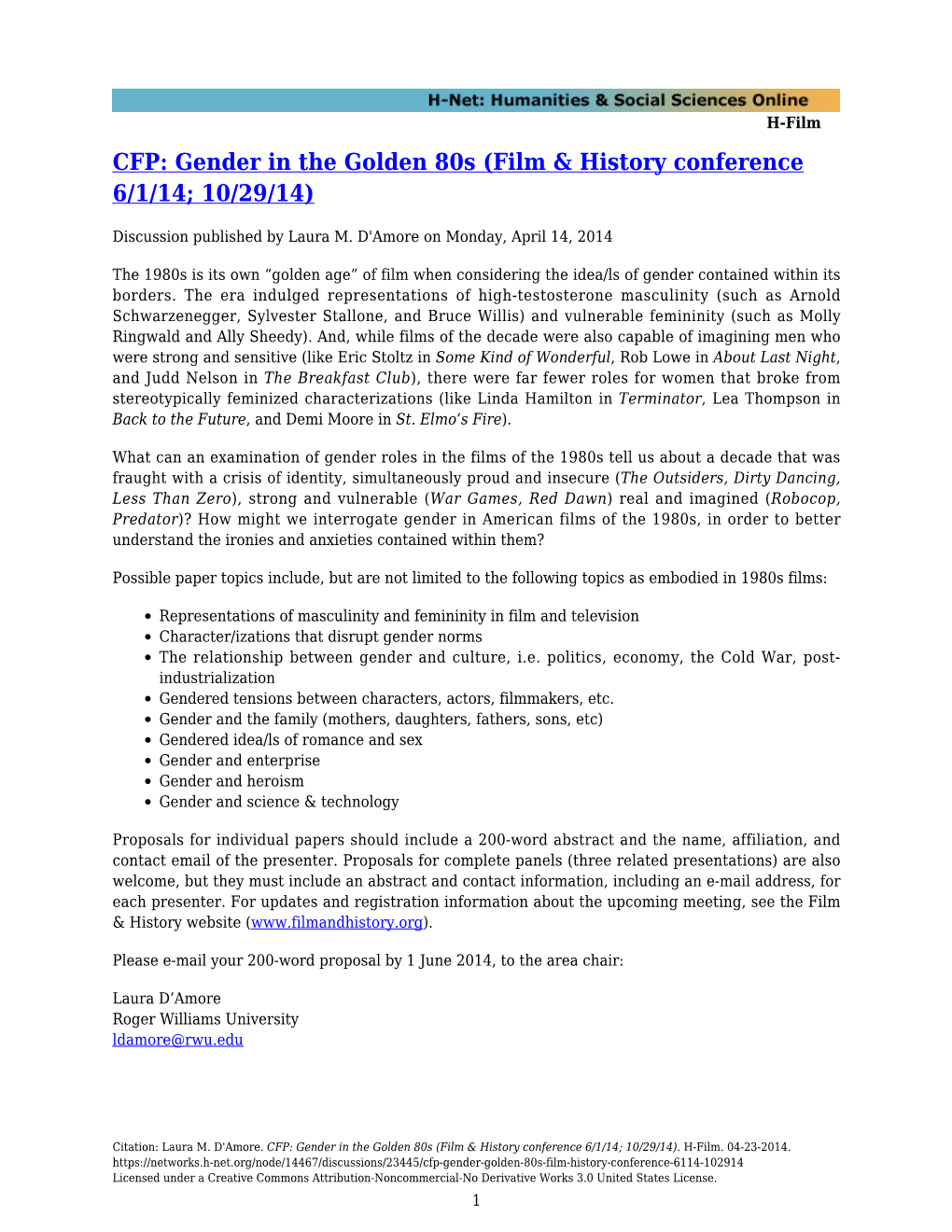 CFP: Gender in the Golden 80S (Film & History Conference 6/1/14; 10/29/14)