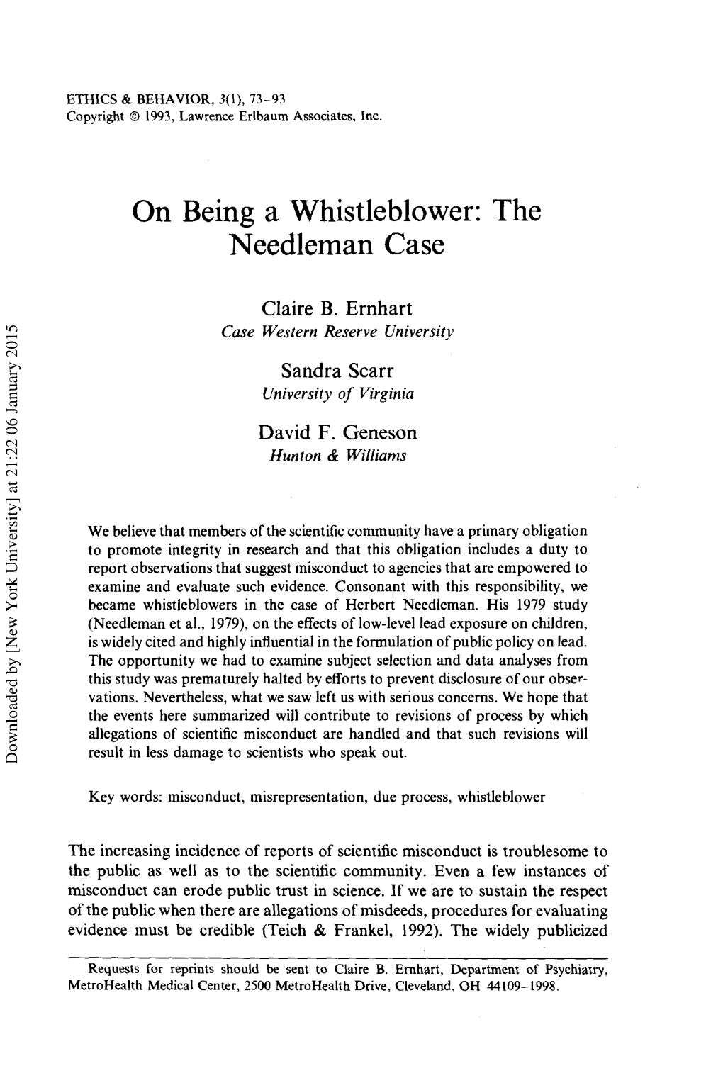 On Being a Whistleblower: the Needleman Case