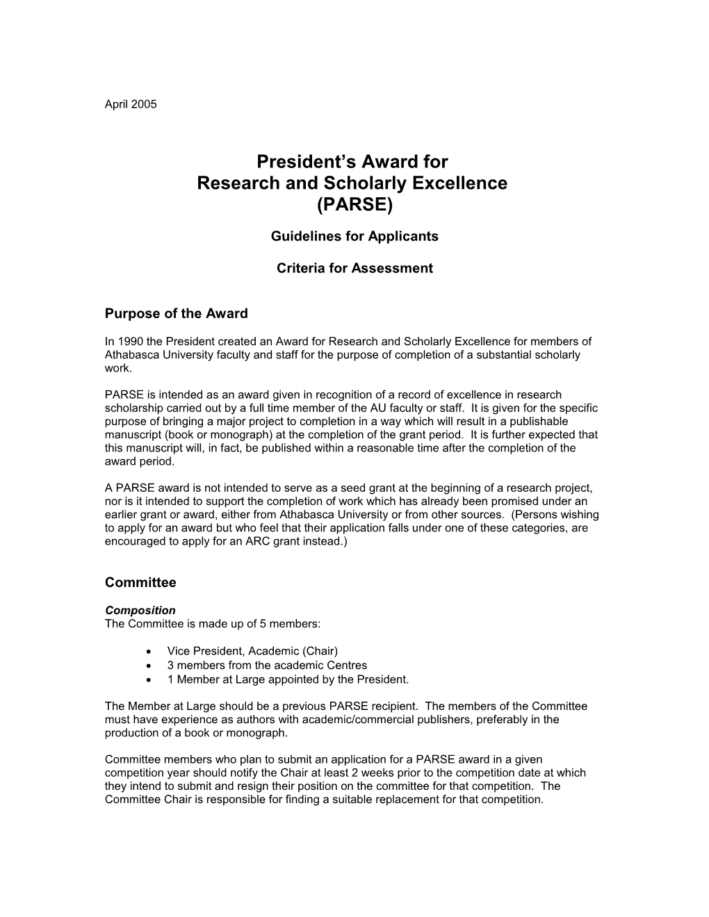 President S Award for Research and Scholarly Excellence (PARSE)