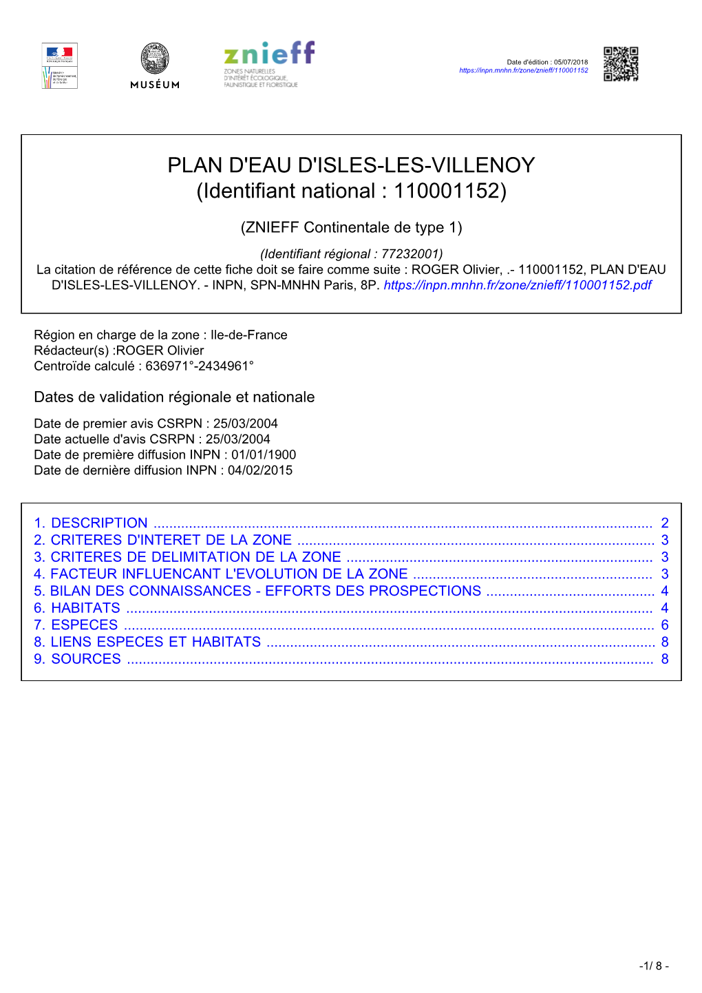 PLAN D'eau D'isles-LES-VILLENOY (Identifiant National : 110001152)