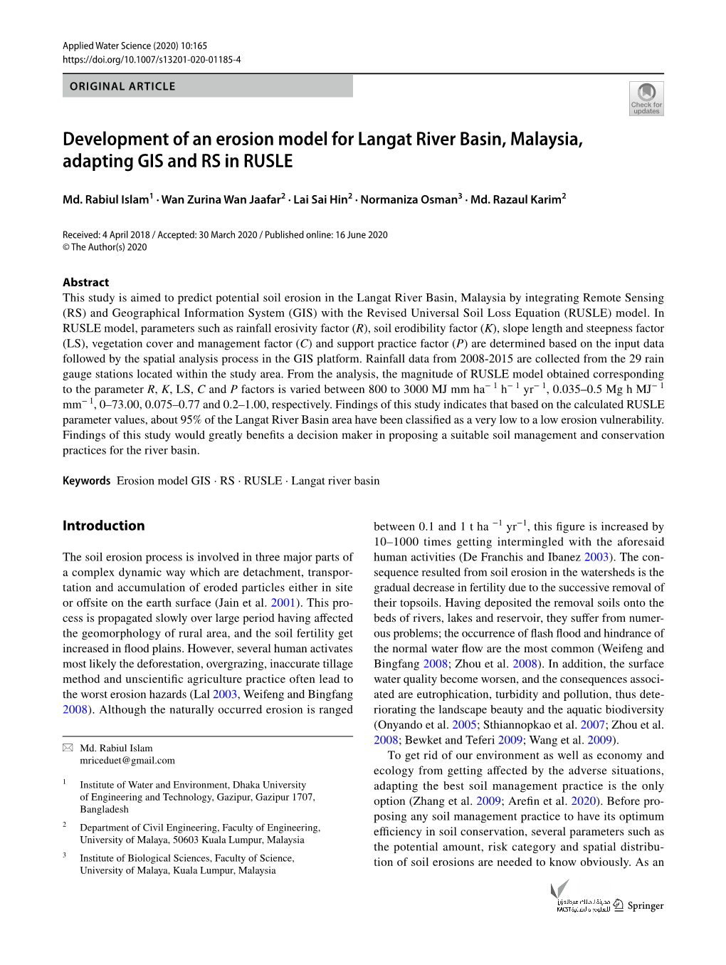 Development of an Erosion Model for Langat River Basin, Malaysia, Adapting GIS and RS in RUSLE