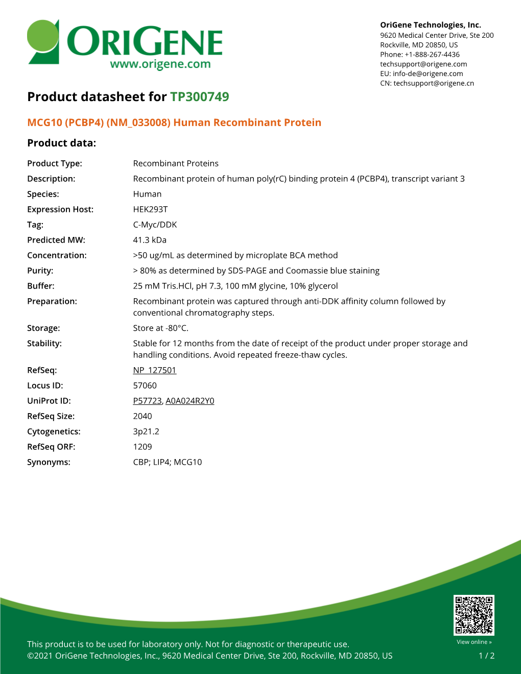 MCG10 (PCBP4) (NM 033008) Human Recombinant Protein Product Data