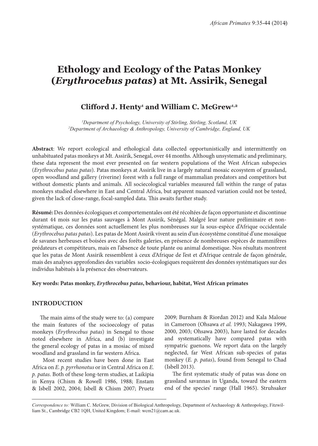 Ethology and Ecology of the Patas Monkey (Erythrocebus Patas) at Mt