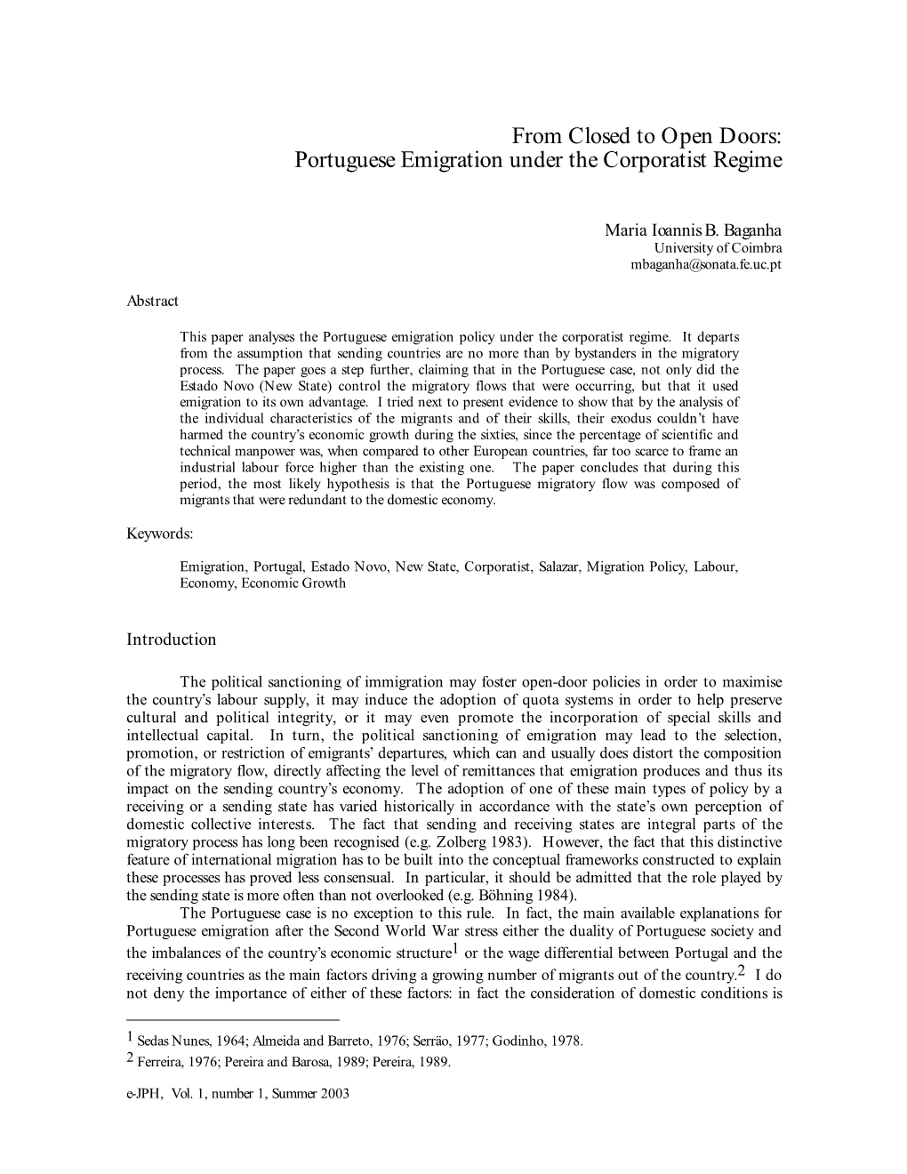 Portuguese Emigration Under the Corporatist Regime