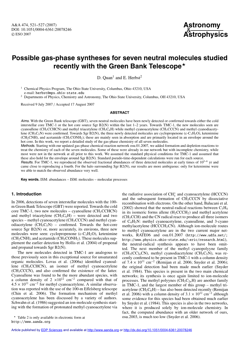 Possible Gas-Phase Syntheses for Seven Neutral Molecules Studied Recently with the Green Bank Telescope