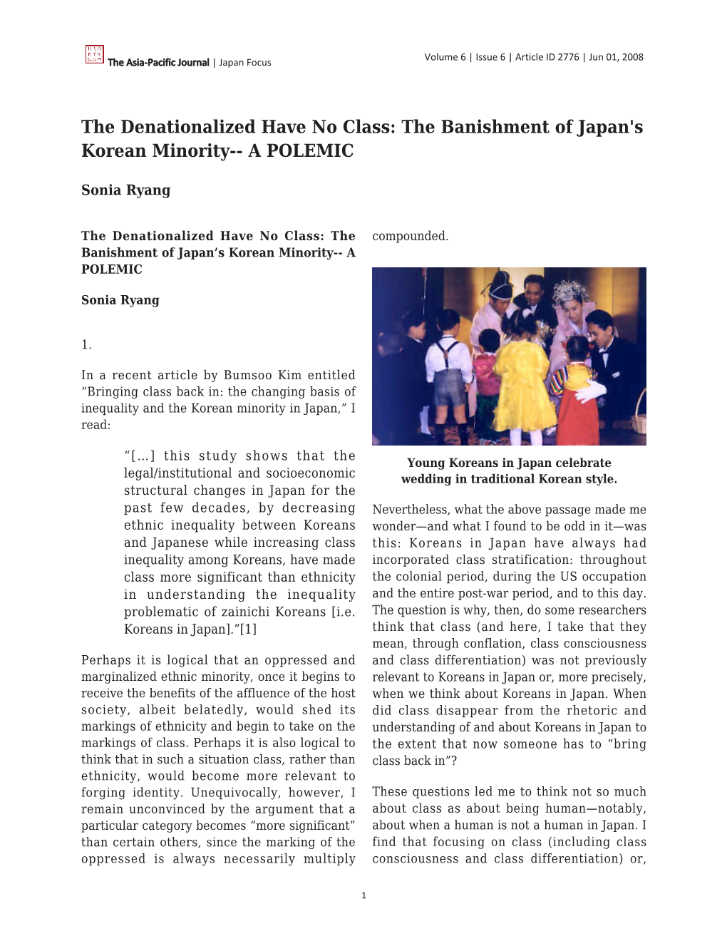The Denationalized Have No Class: the Banishment of Japan's Korean Minority-- a POLEMIC