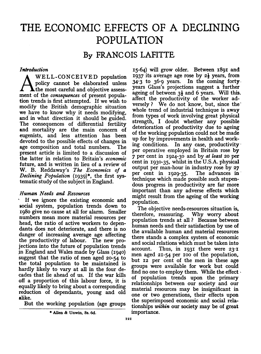 THE ECONOMIC EFFECTS of a DECLINING POPULATION by FRANCOIS LAFITTE Itstroduction I5-64) Will Grow Older