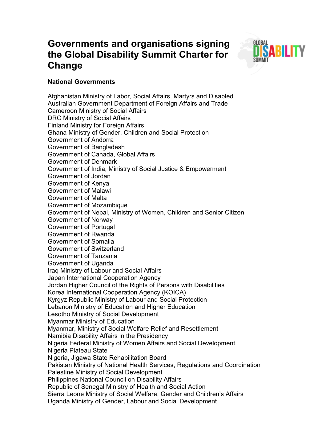 Governments and Organisations Signing the Global Disability Summit Charter for Change