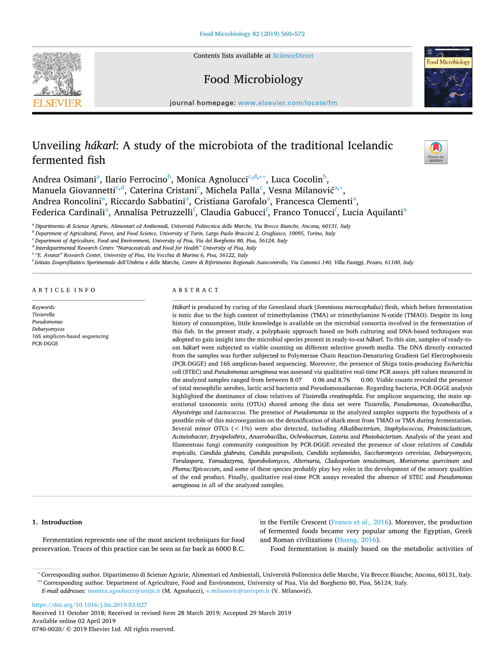 Food Microbiology Unveiling Hákarl: a Study of the Microbiota of The