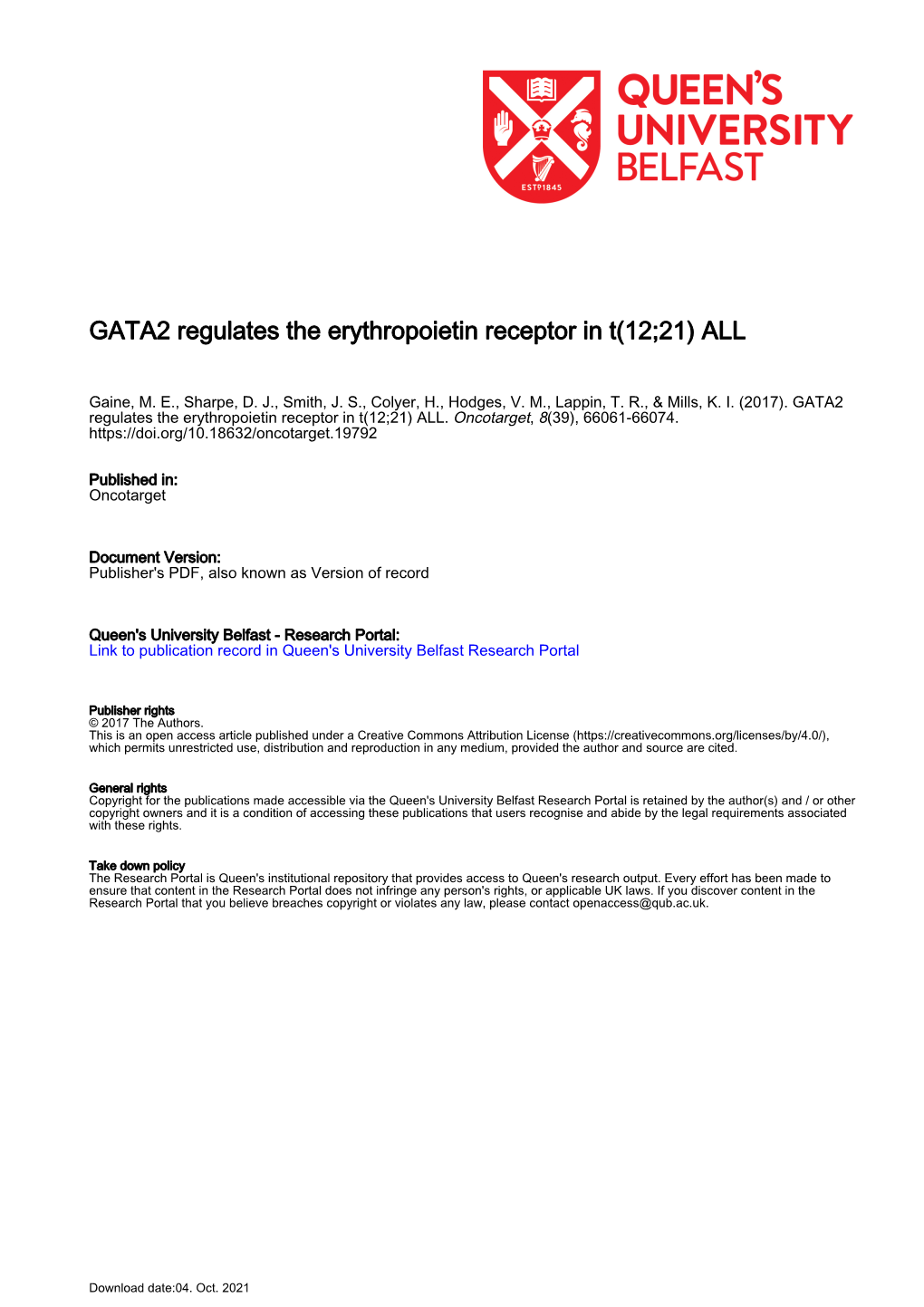 GATA2 Regulates the Erythropoietin Receptor in T(12;21) ALL