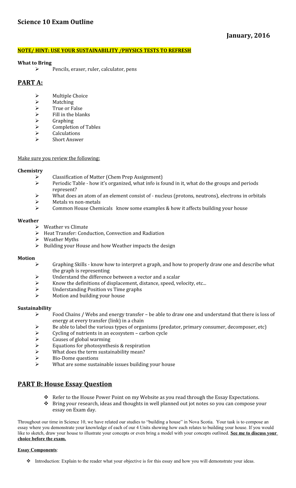 Science 10 Exam Outline