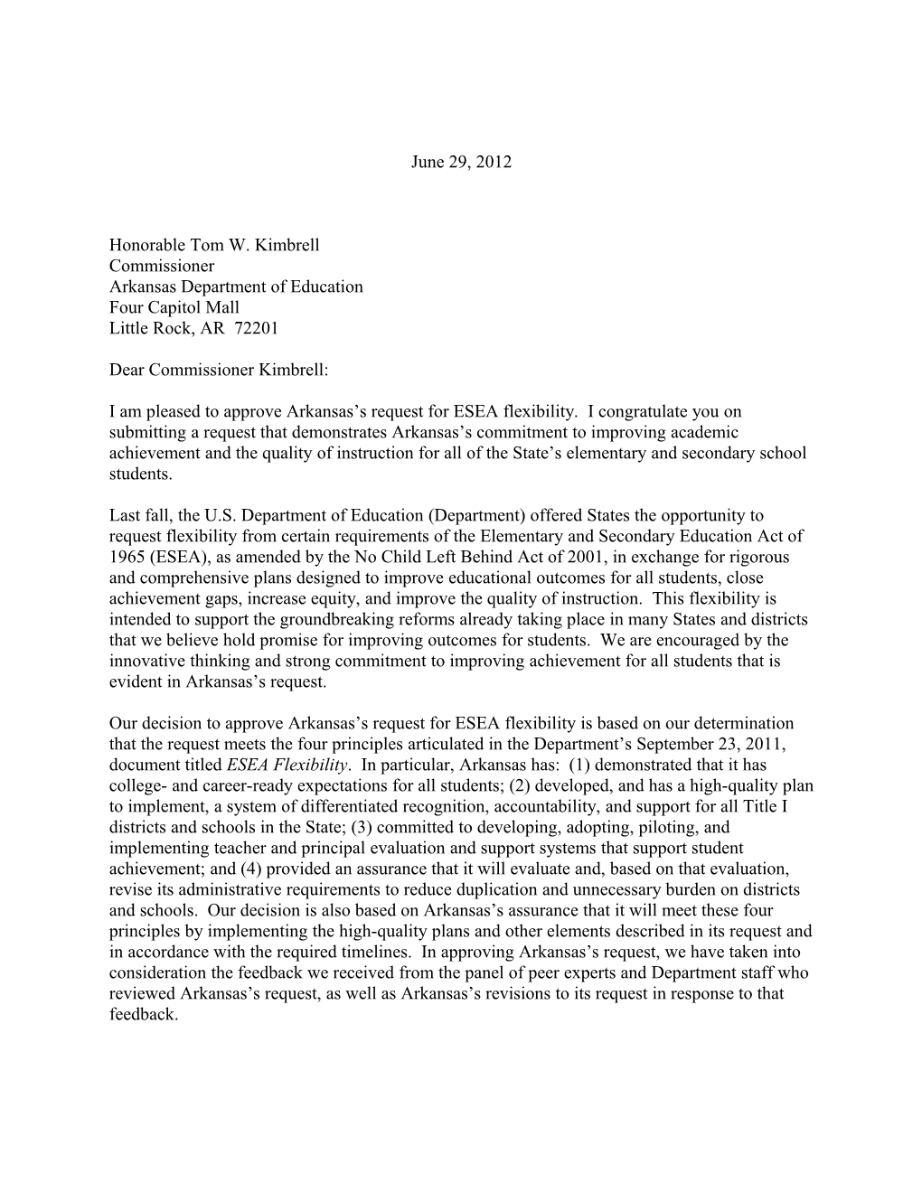 Arkansas: ESEA Flexibility Requests, Secretary's Approval Letter June 29, 2012 (MS Word)