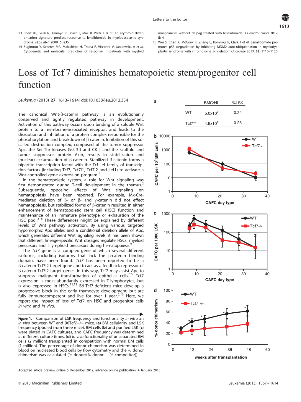 Loss of Tcf7 Diminishes Hematopoietic Stem&Sol