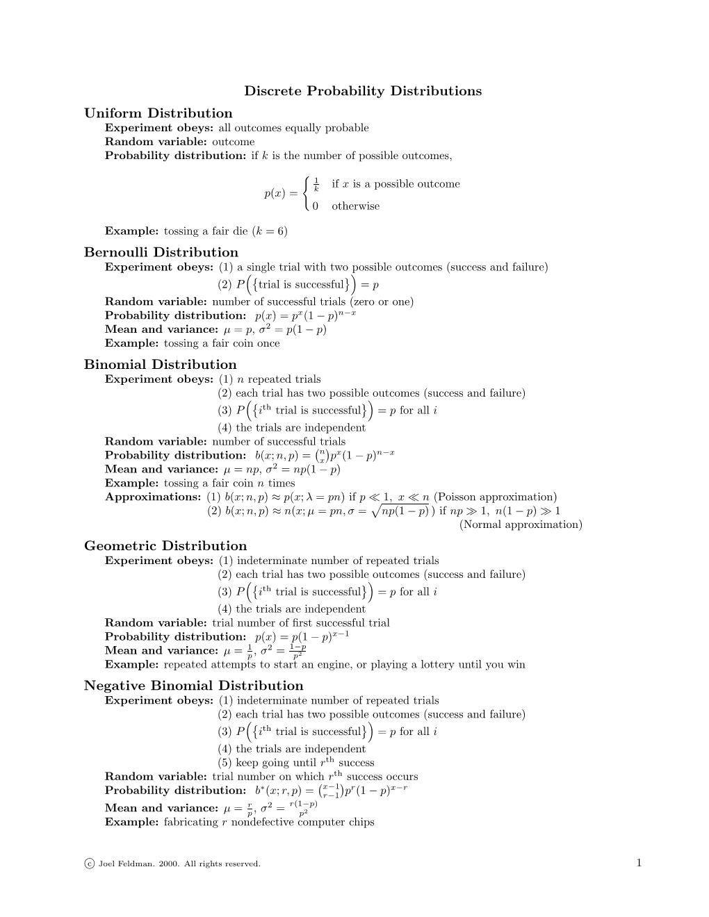 Discrete Probability Distributions Uniform Distribution Bernoulli