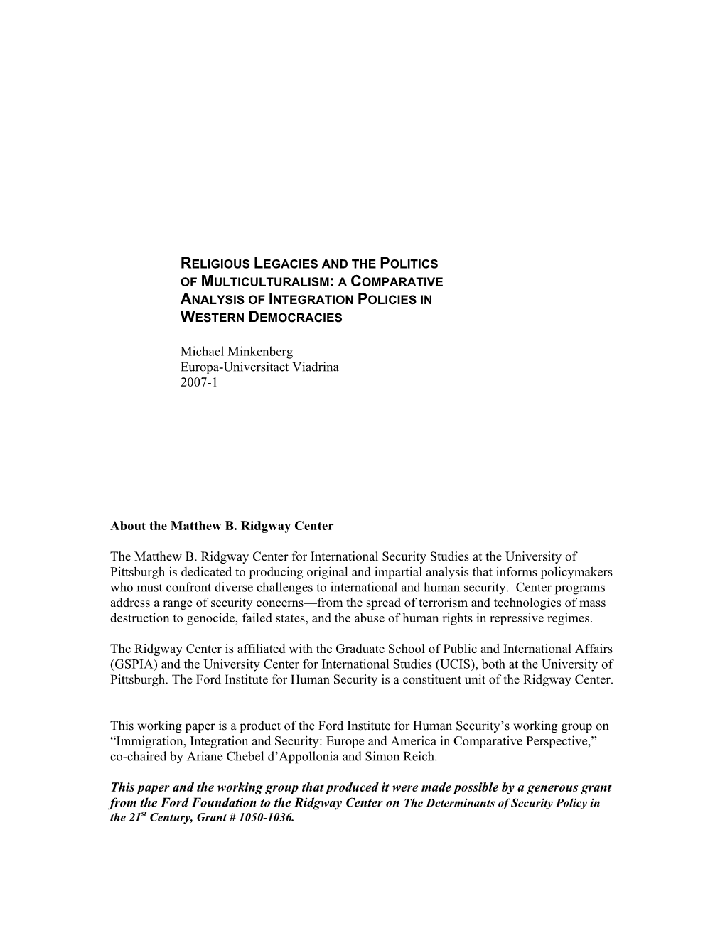 Religious Legacies and the Politics of Multiculturalism: a Comparative Analysis of Integration Policies in Western Democracies