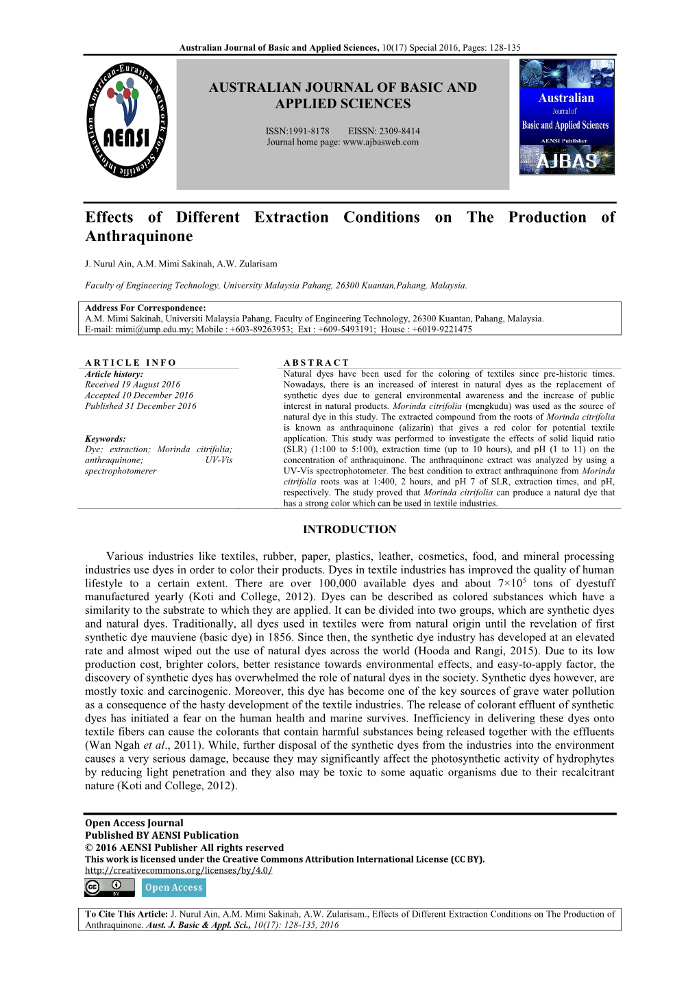 Effects of Different Extraction Conditions on the Production of Anthraquinone