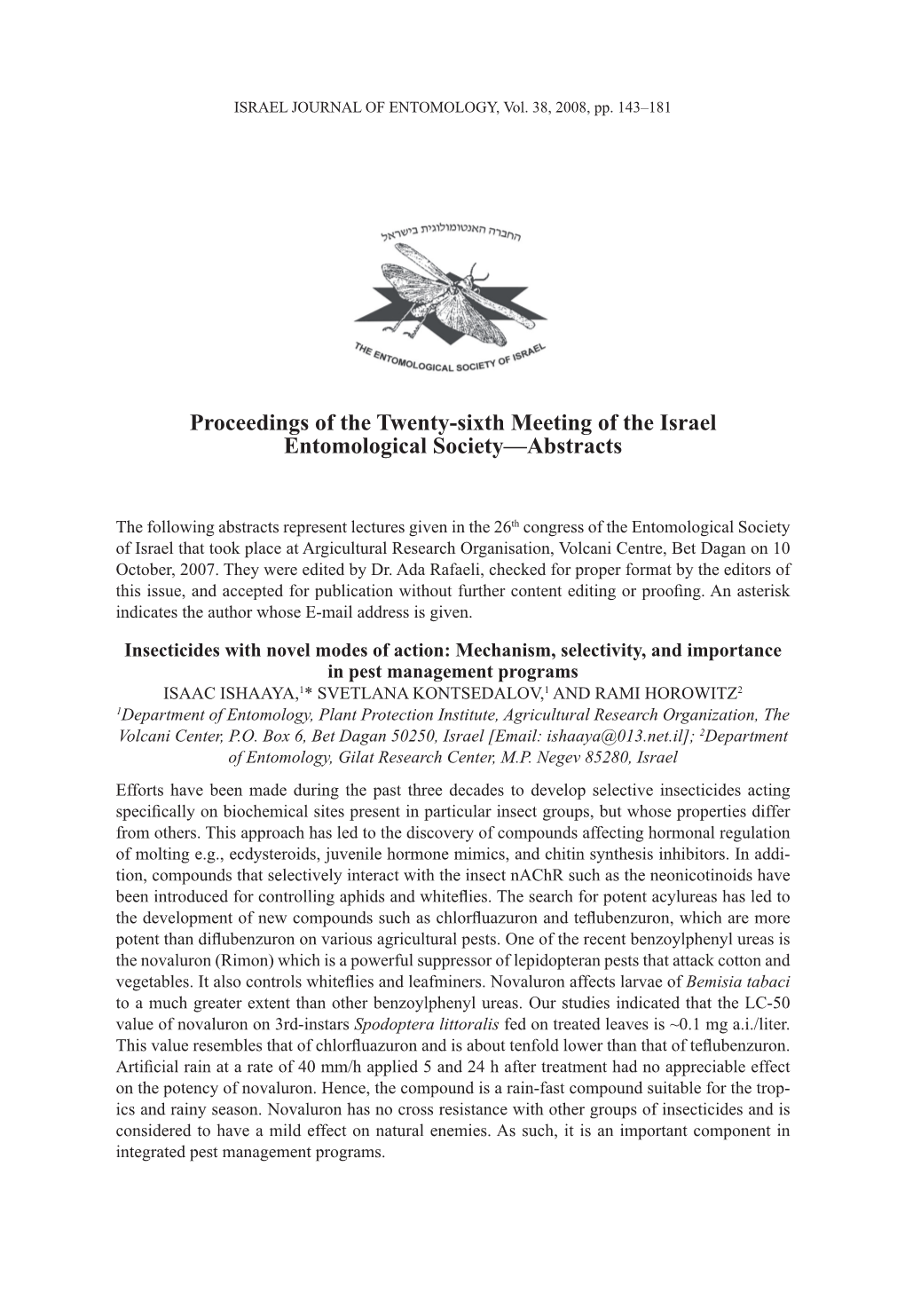 Proceedings of the Twenty-Sixth Meeting of the Israel Entomological Society—Abstracts