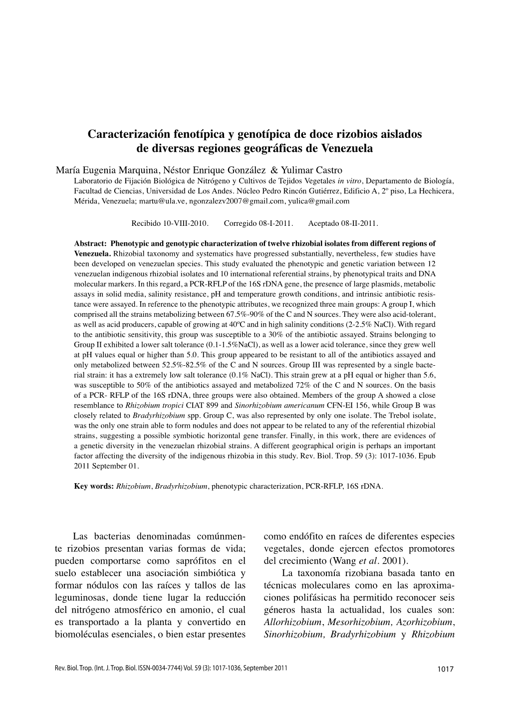 Caracterización Fenotípica Y Genotípica De Doce Rizobios Aislados De Diversas Regiones Geográficas De Venezuela