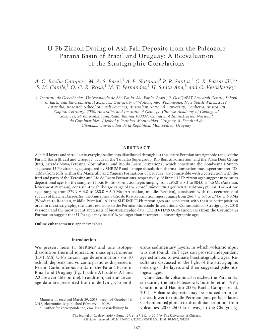 U-Pb Zircon Dating of Ash Fall Deposits from the Paleozoic Paraná Basin of Brazil and Uruguay: a Reevaluation of the Stratigraphic Correlations