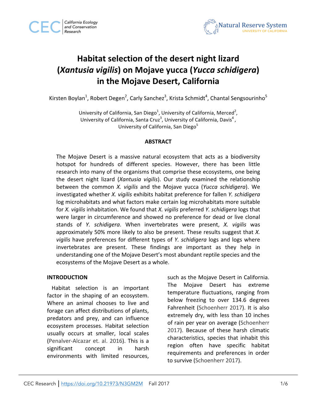 Habitat Selection of the Desert Night Lizard (Xantusia Vigilis) on Mojave Yucca (Yucca Schidigera) in the Mojave Desert, California