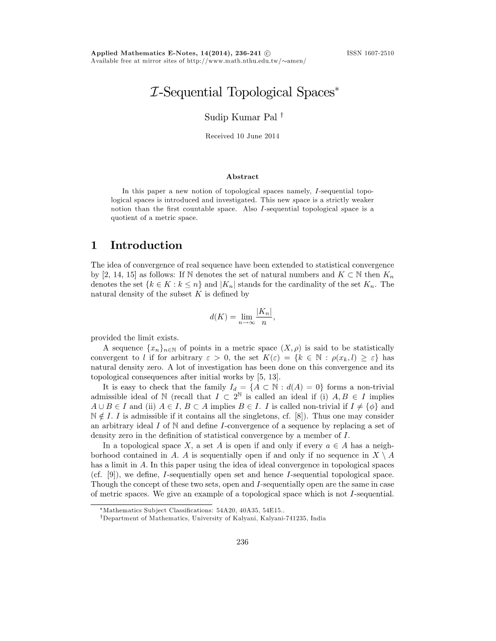 I-Sequential Topological Spaces∗