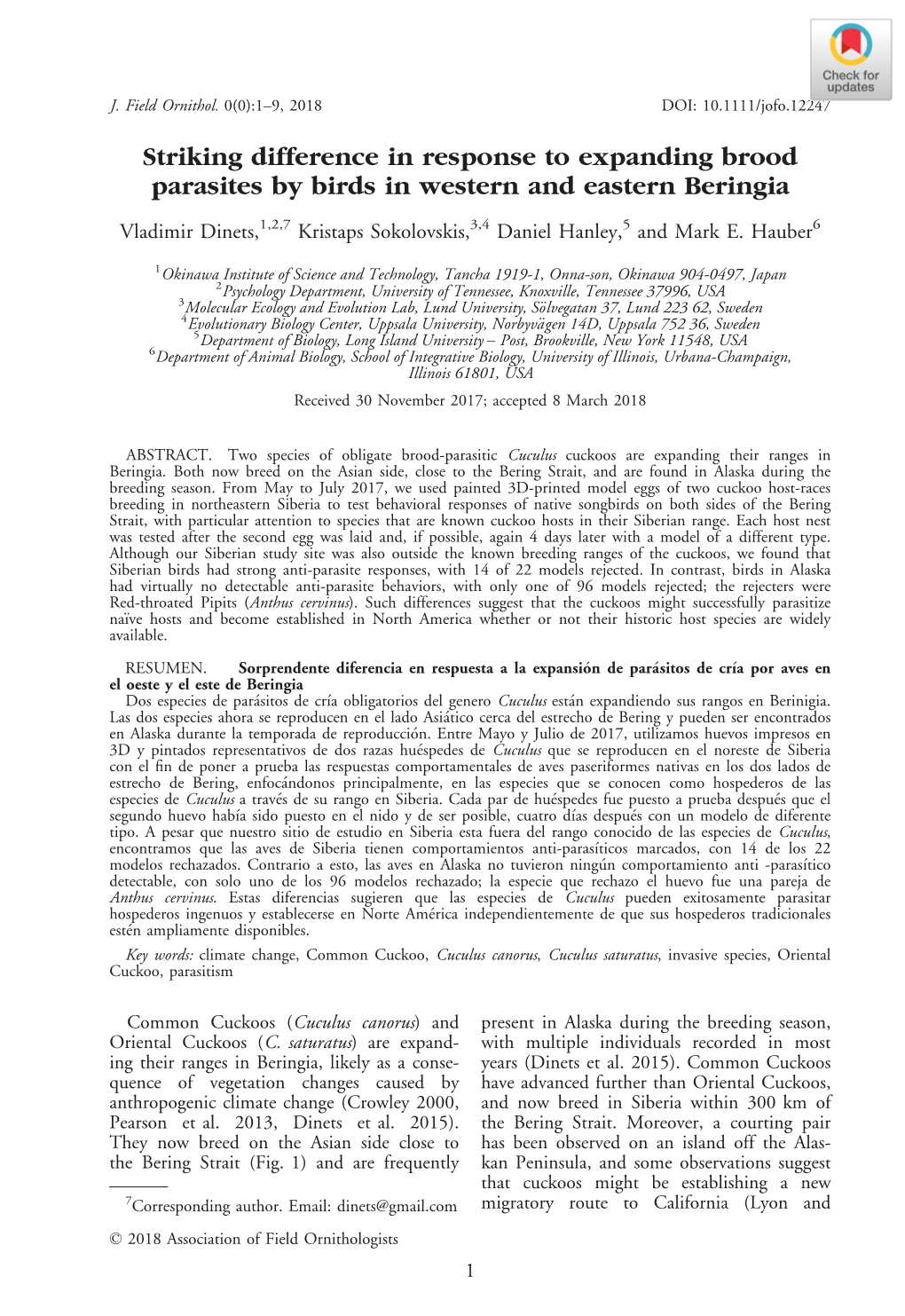 Striking Difference in Response to Expanding Brood Parasites by Birds in Western and Eastern Beringia