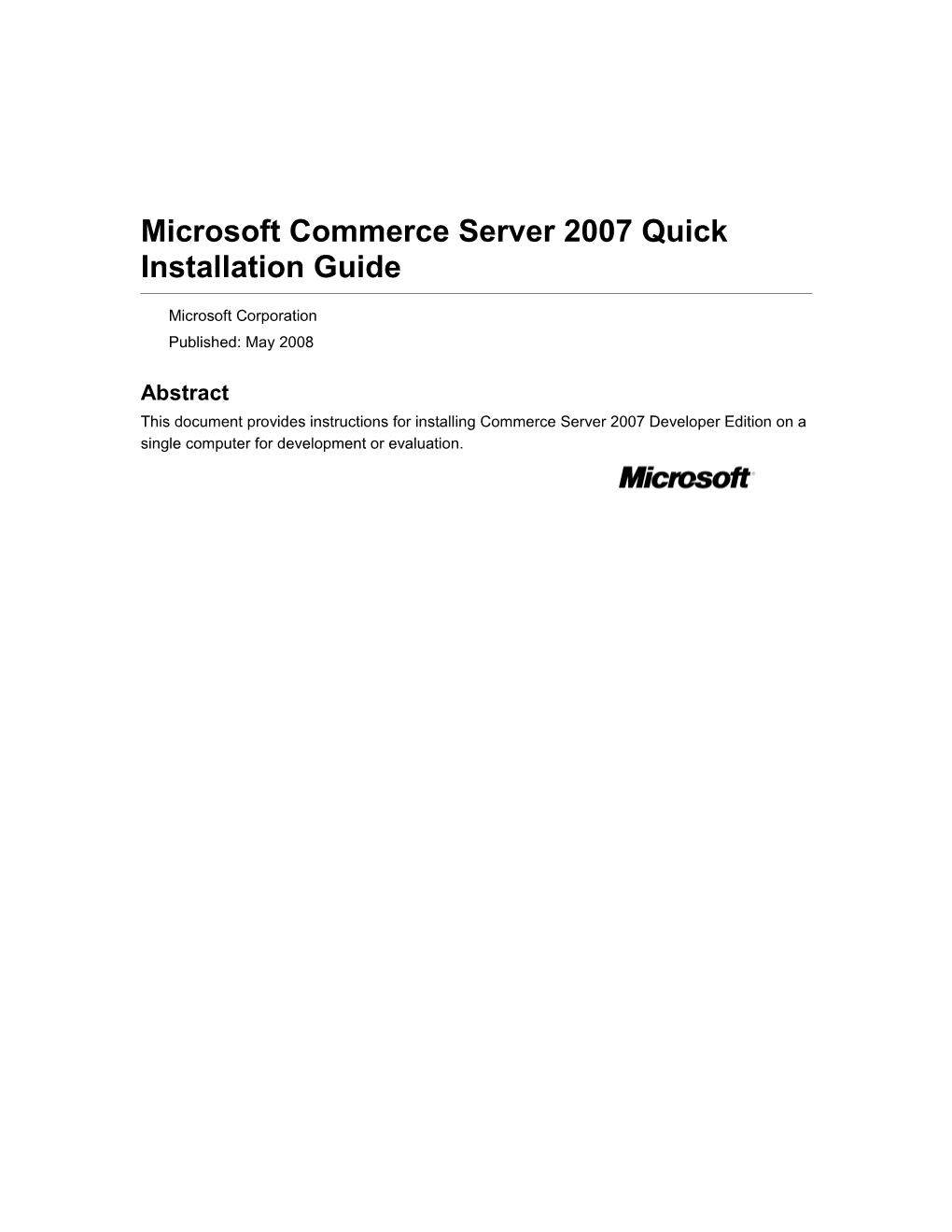 Microsoft Commerce Server 2007 Quick Installation Guide