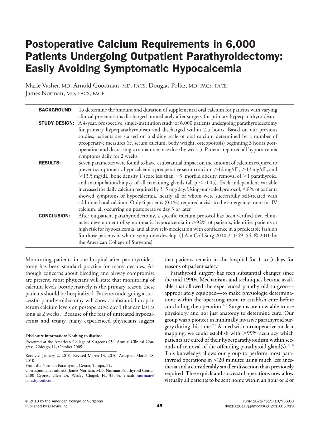 Postoperative Calcium Requirements in 6000 Patients Undergoing