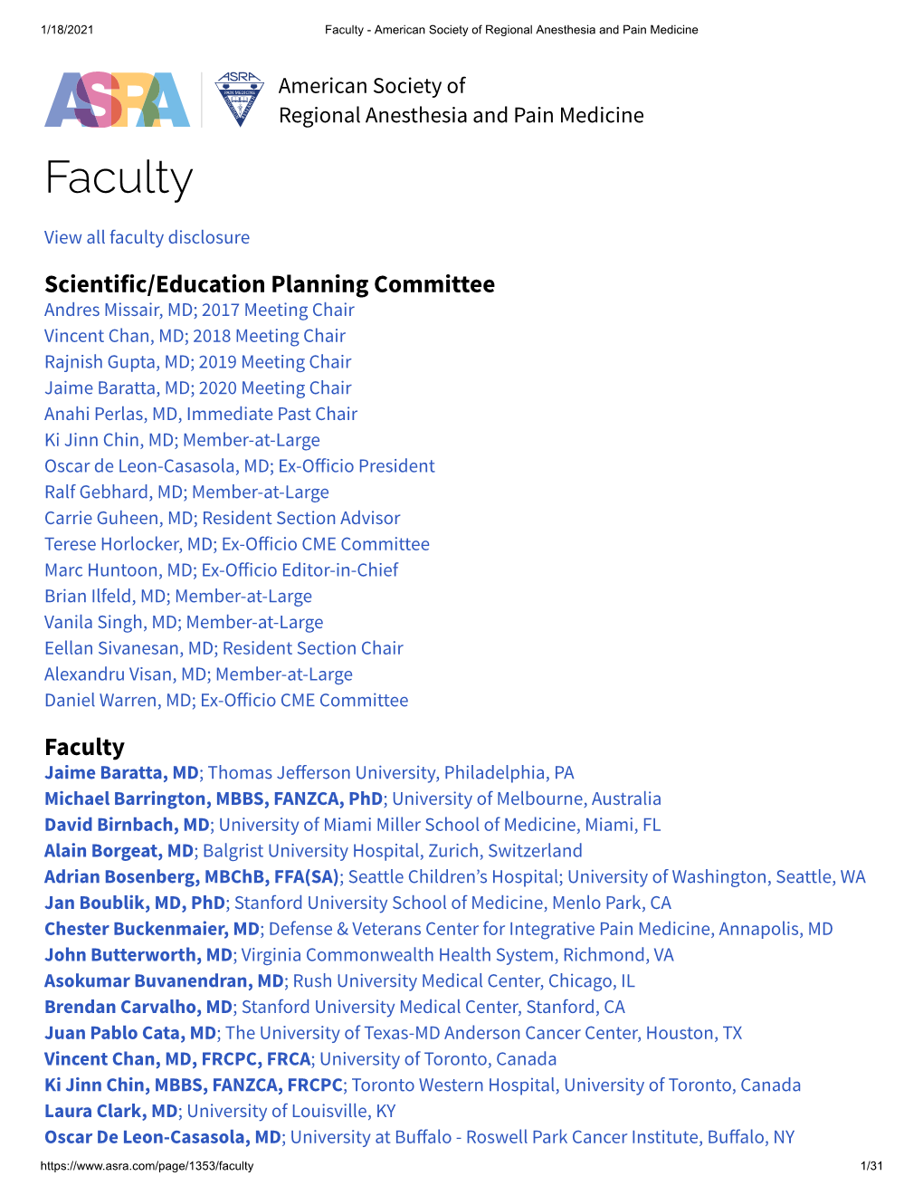 Faculty - American Society of Regional Anesthesia and Pain Medicine