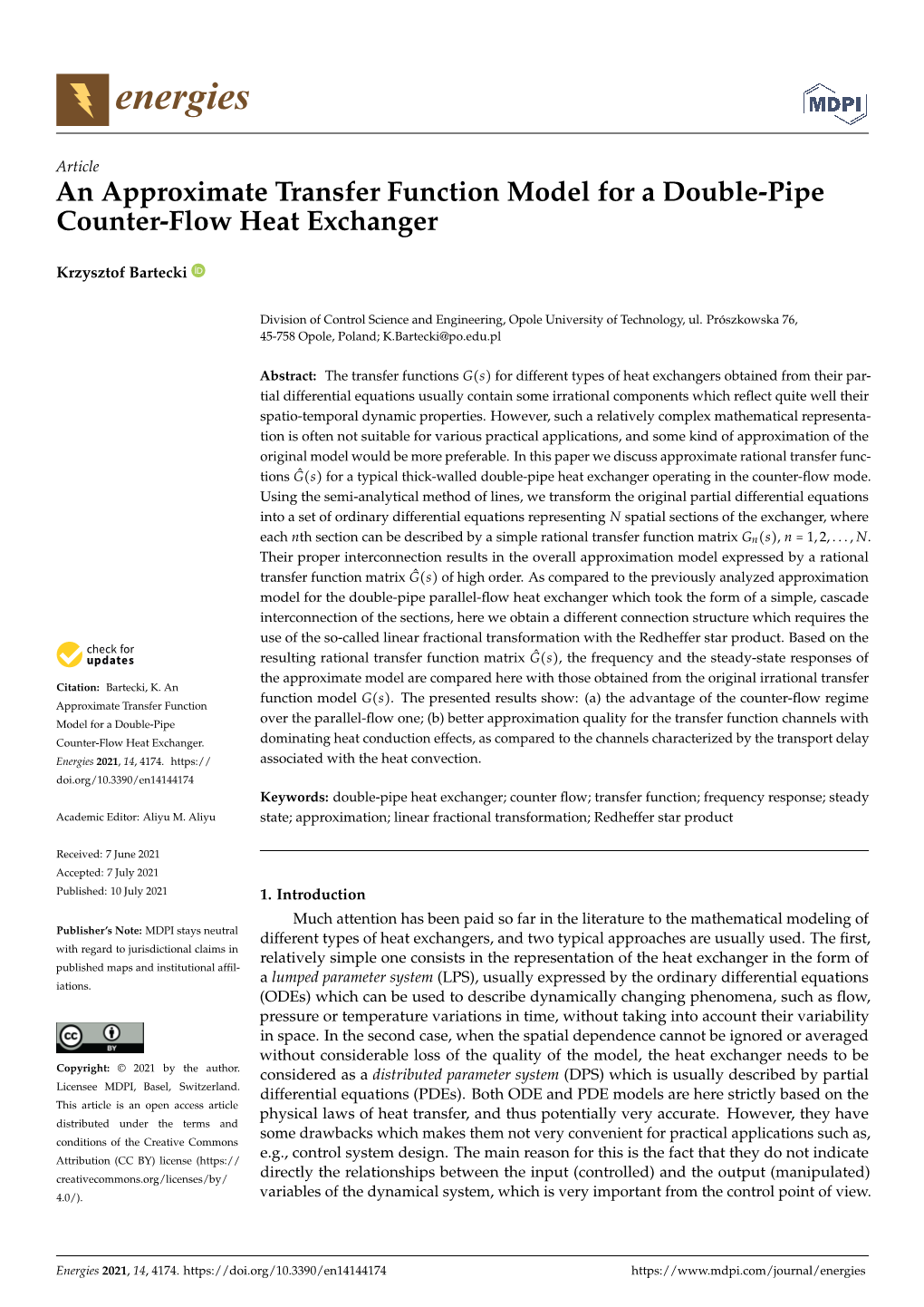 An Approximate Transfer Function Model for a Double-Pipe Counter-Flow Heat Exchanger