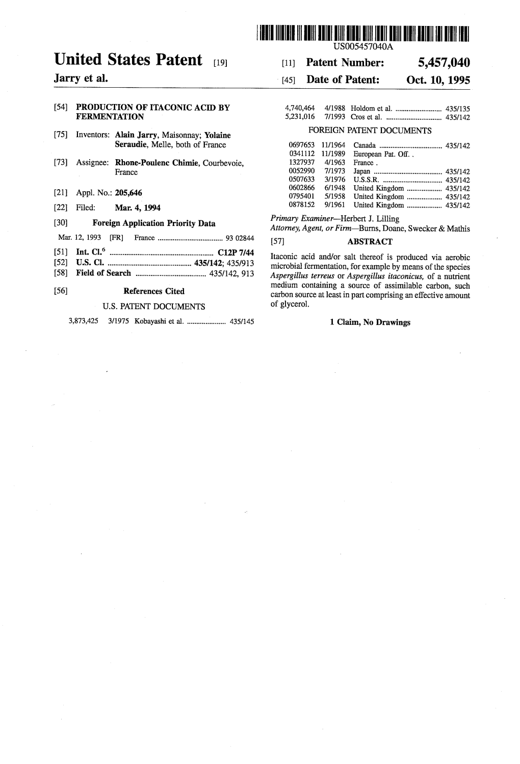 |||||||III US005457040A United States Patent (19) 11) Patent Number: 5,457,040 Jarry Et Al