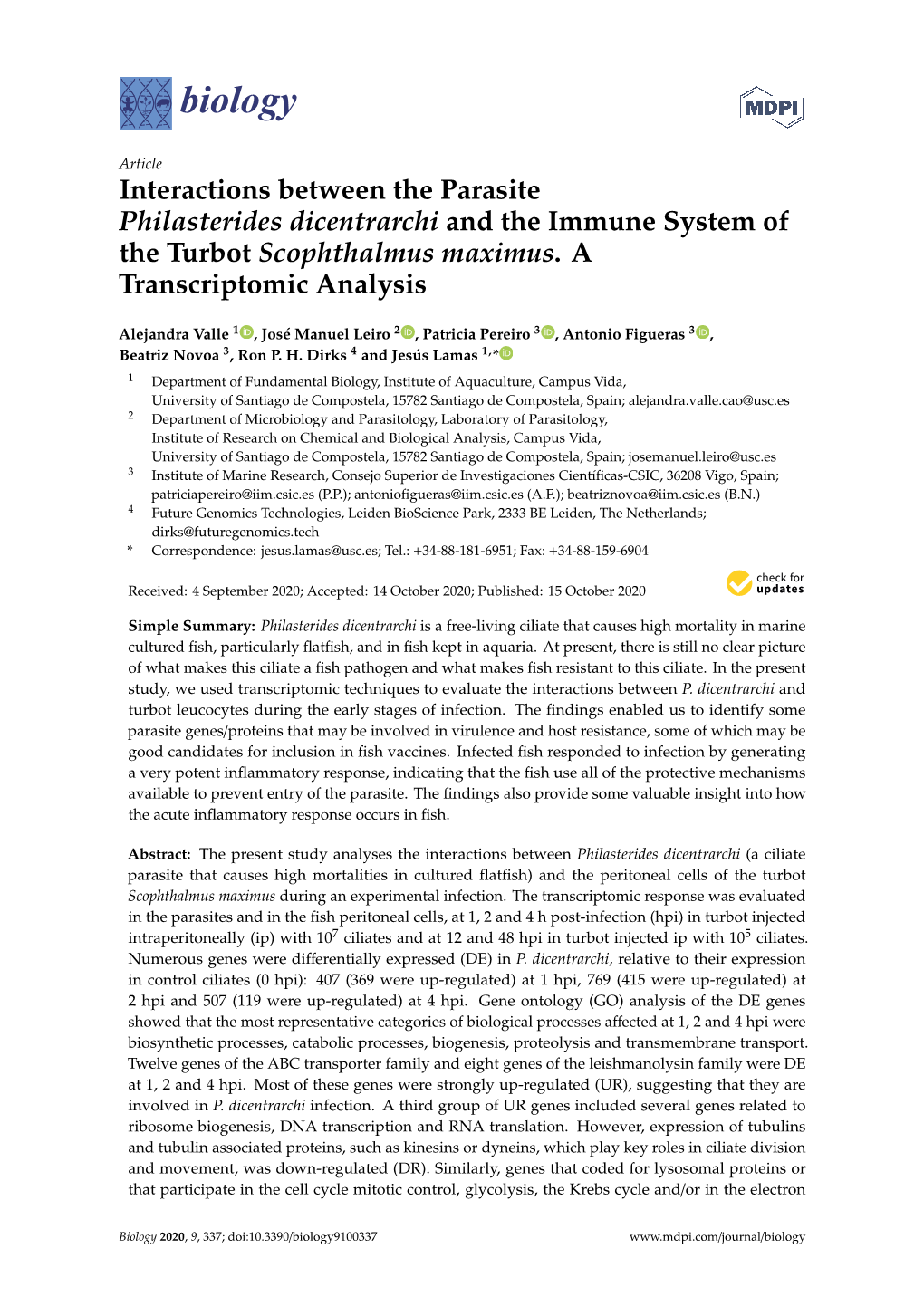 Interactions Between the Parasite Philasterides Dicentrarchi and the Immune System of the Turbot Scophthalmus Maximus.A Transcriptomic Analysis