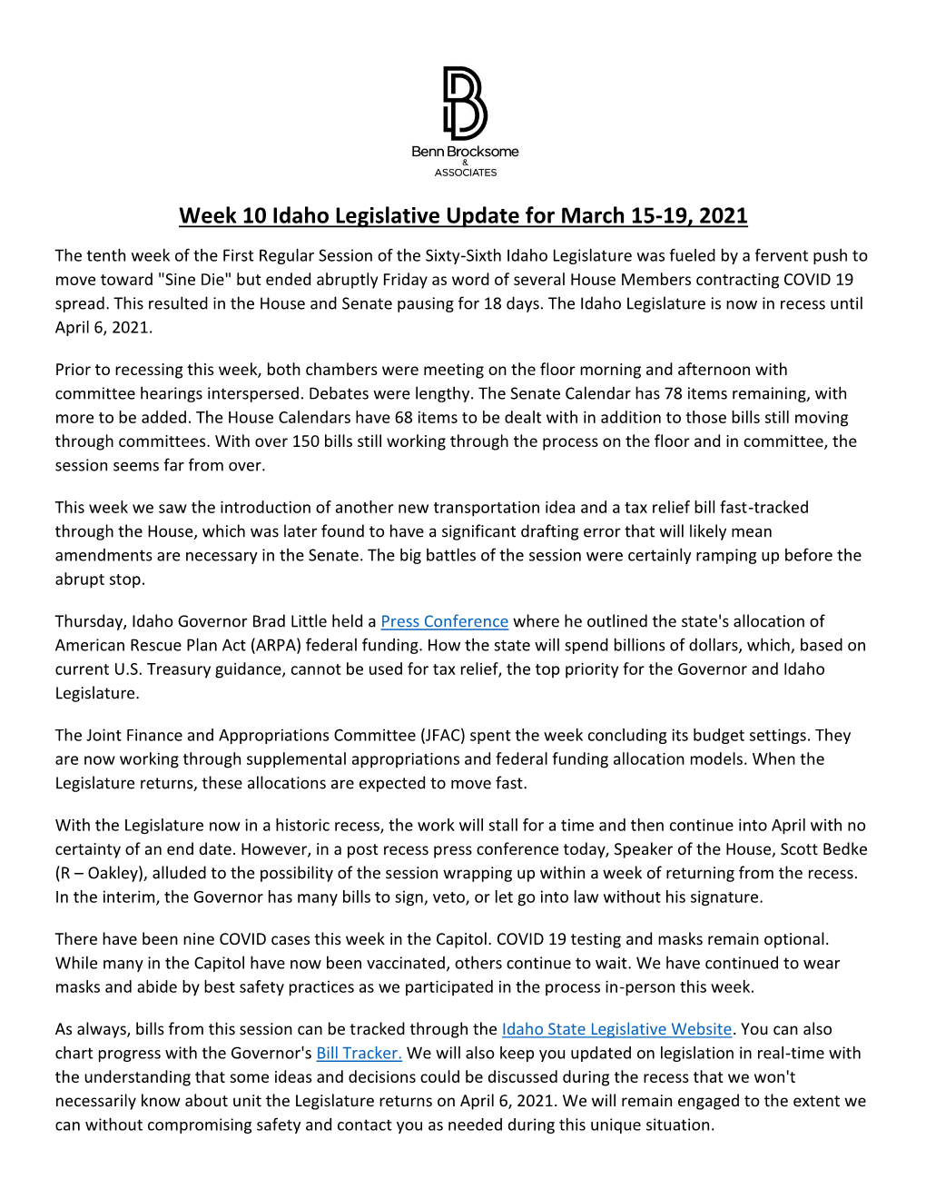 Week 10 Idaho Legislative Update for March 15-19, 2021