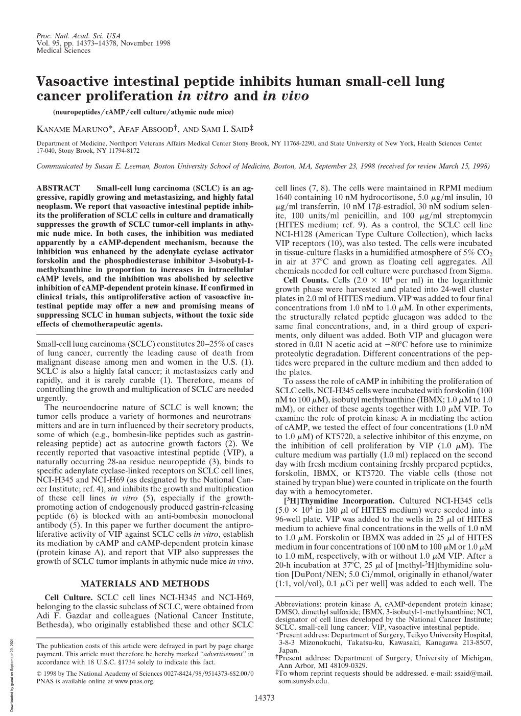 Vasoactive Intestinal Peptide Inhibits Human Small-Cell Lung Cancer Proliferation in Vitro and in Vivo (Neuropeptides͞camp͞cell Culture͞athymic Nude Mice)