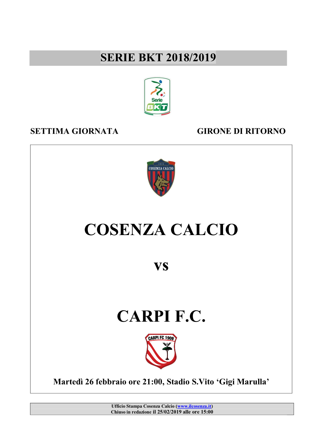 COSENZA CALCIO Vs CARPI F.C