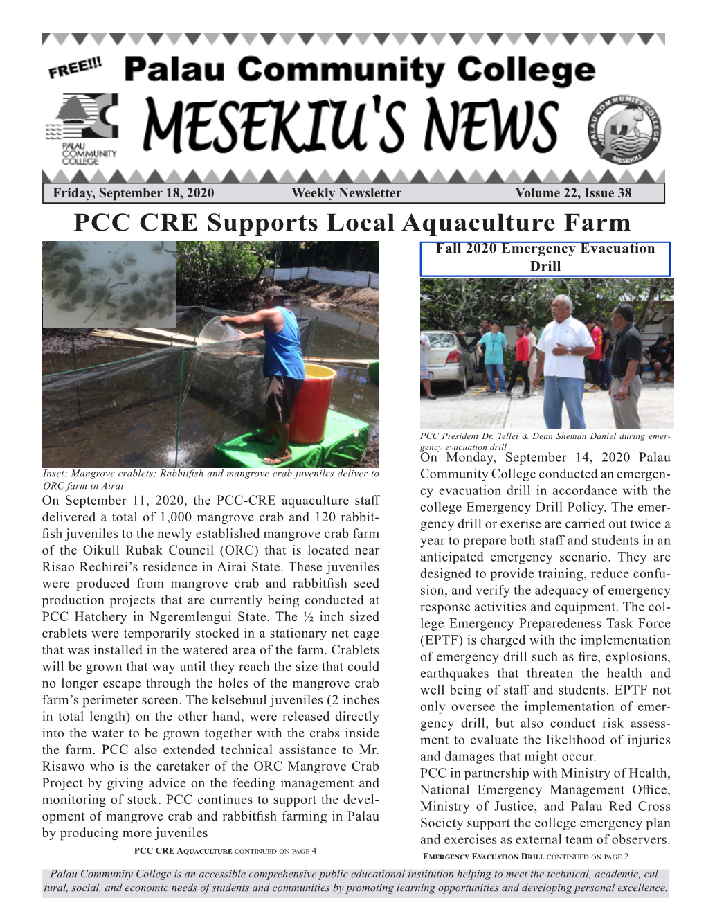 PCC CRE Supports Local Aquaculture Farm Fall 2020 Emergency Evacuation Drill