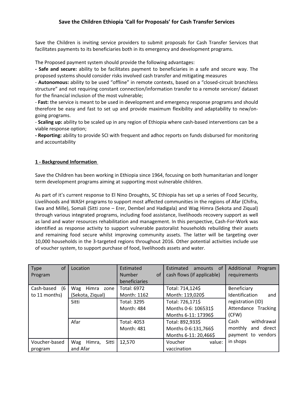 Save the Children Ethiopia Call for Proposals for Cash Transfer Services