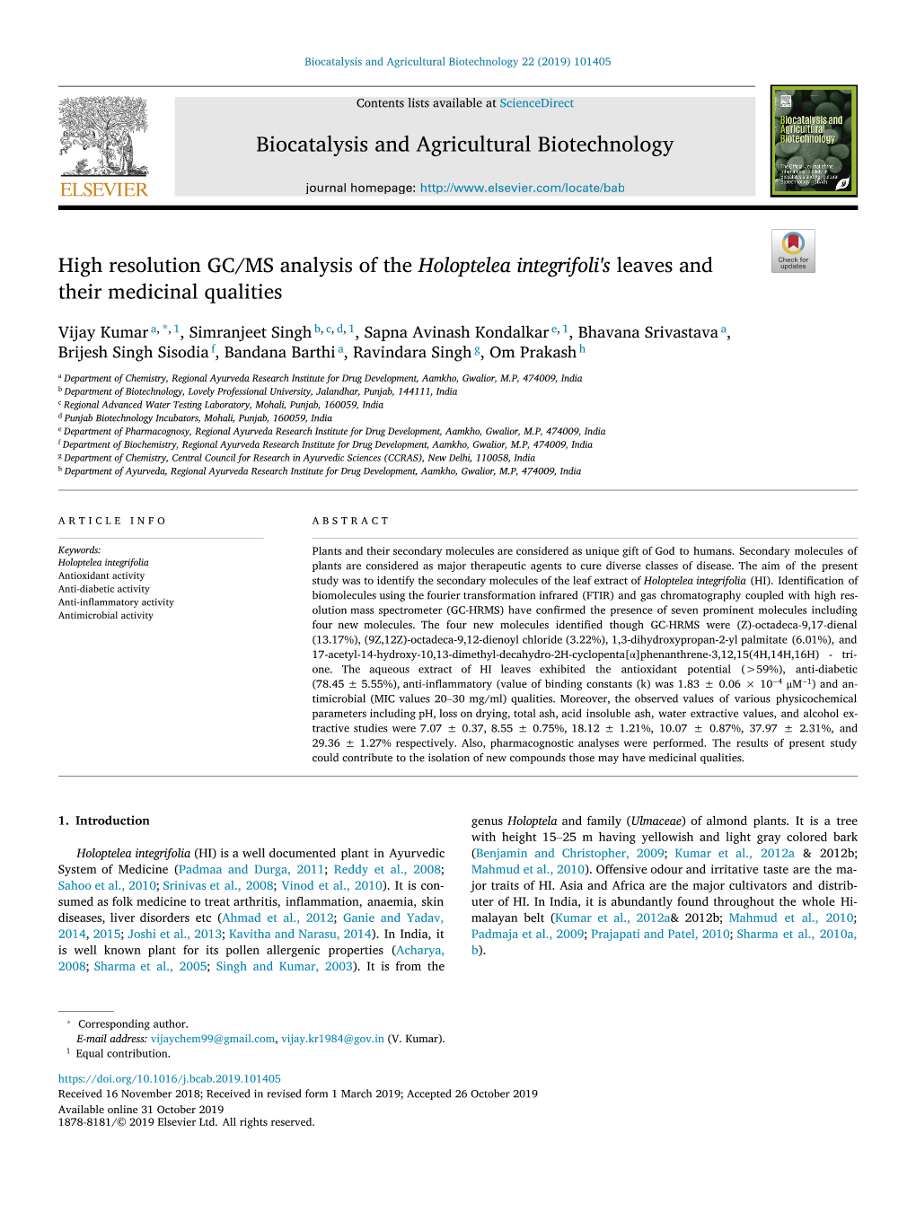 High Resolution GC/MS Analysis of the Holoptelea Integrifoli's Leaves And