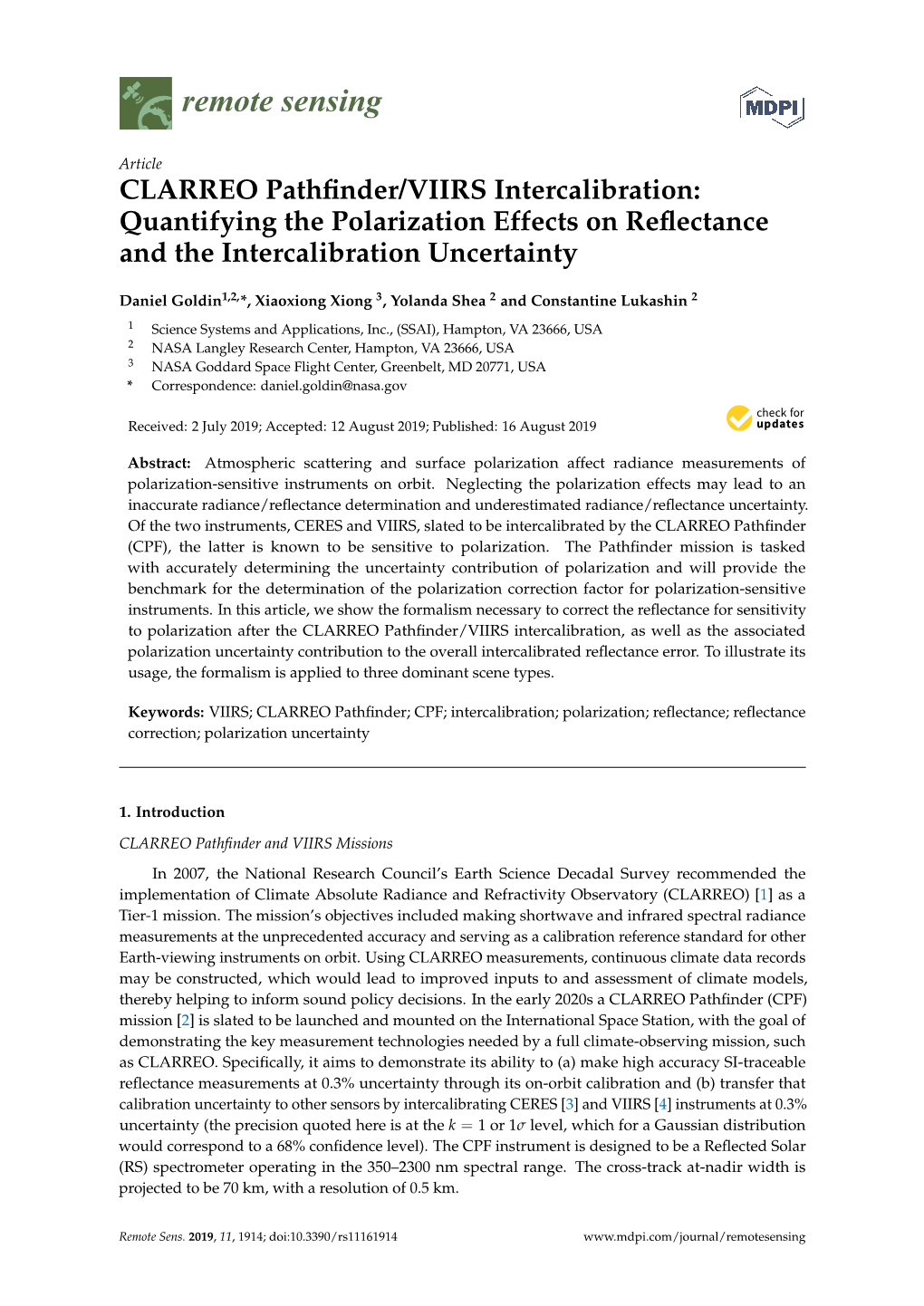 CLARREO Pathfinder/VIIRS Intercalibration