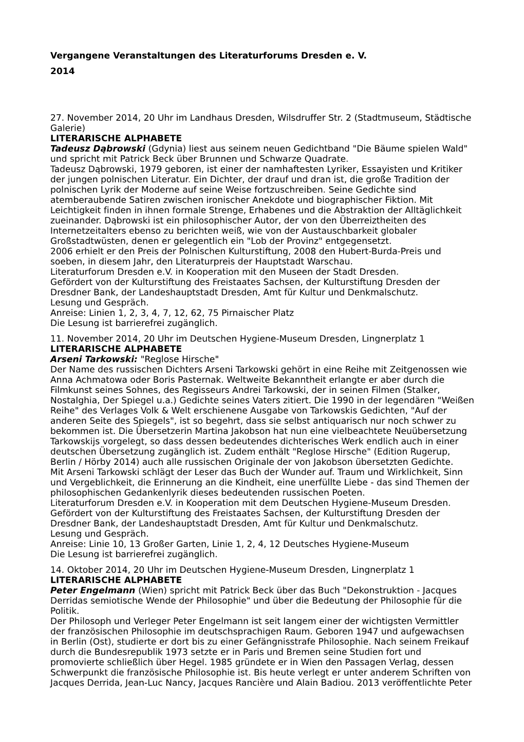 Vergangene Veranstaltungen Des Literaturforums Dresden E. V. 2014