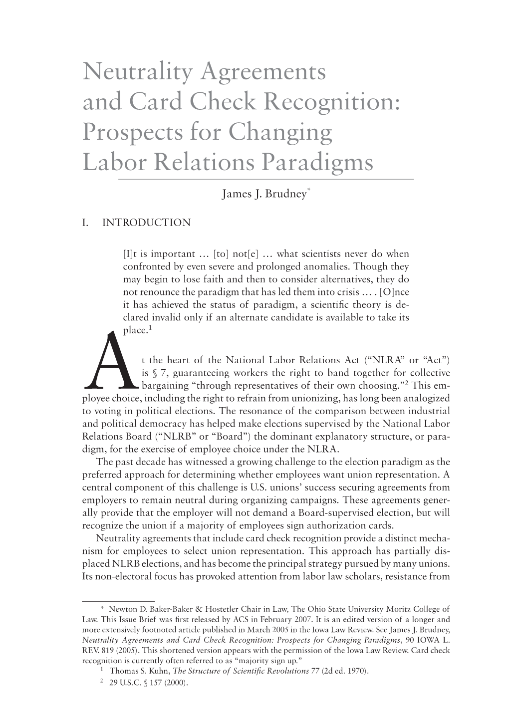 Neutrality Agreements and Card Check Recognition: Prospects for Changing Labor Relations Paradigms