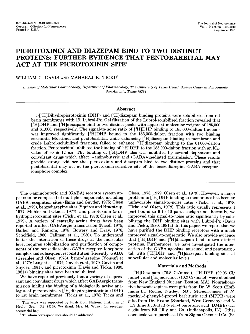 Picrotoxinin and Diazepam Bind to Two Distinct Proteins: Further Evidence That Pentobarbital May Act at the Picrotoxinin Site1