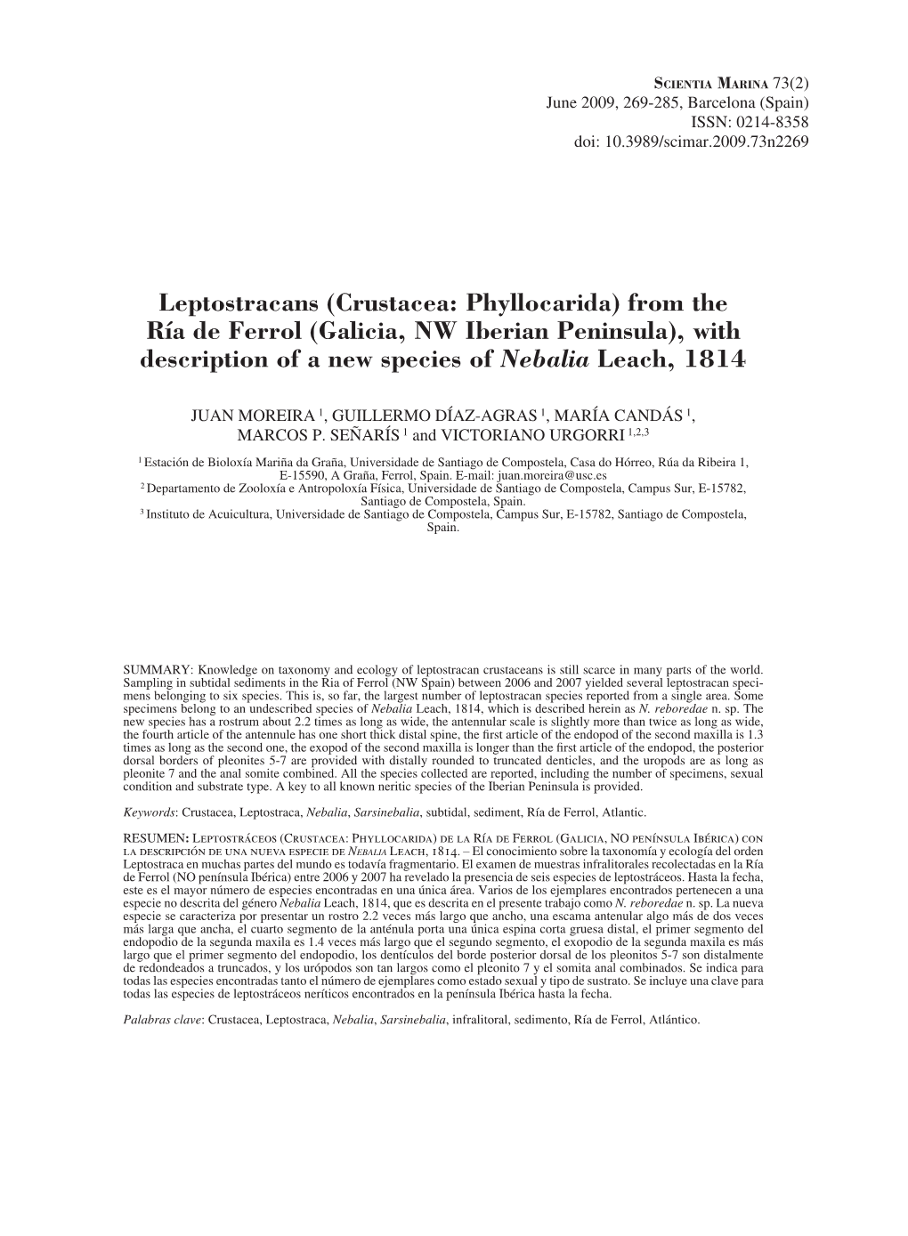 (Crustacea: Phyllocarida) from the Ría De Ferrol (Galicia, NW Iberian Peninsula), with Description of a New Species of Nebalia Leach, 1814