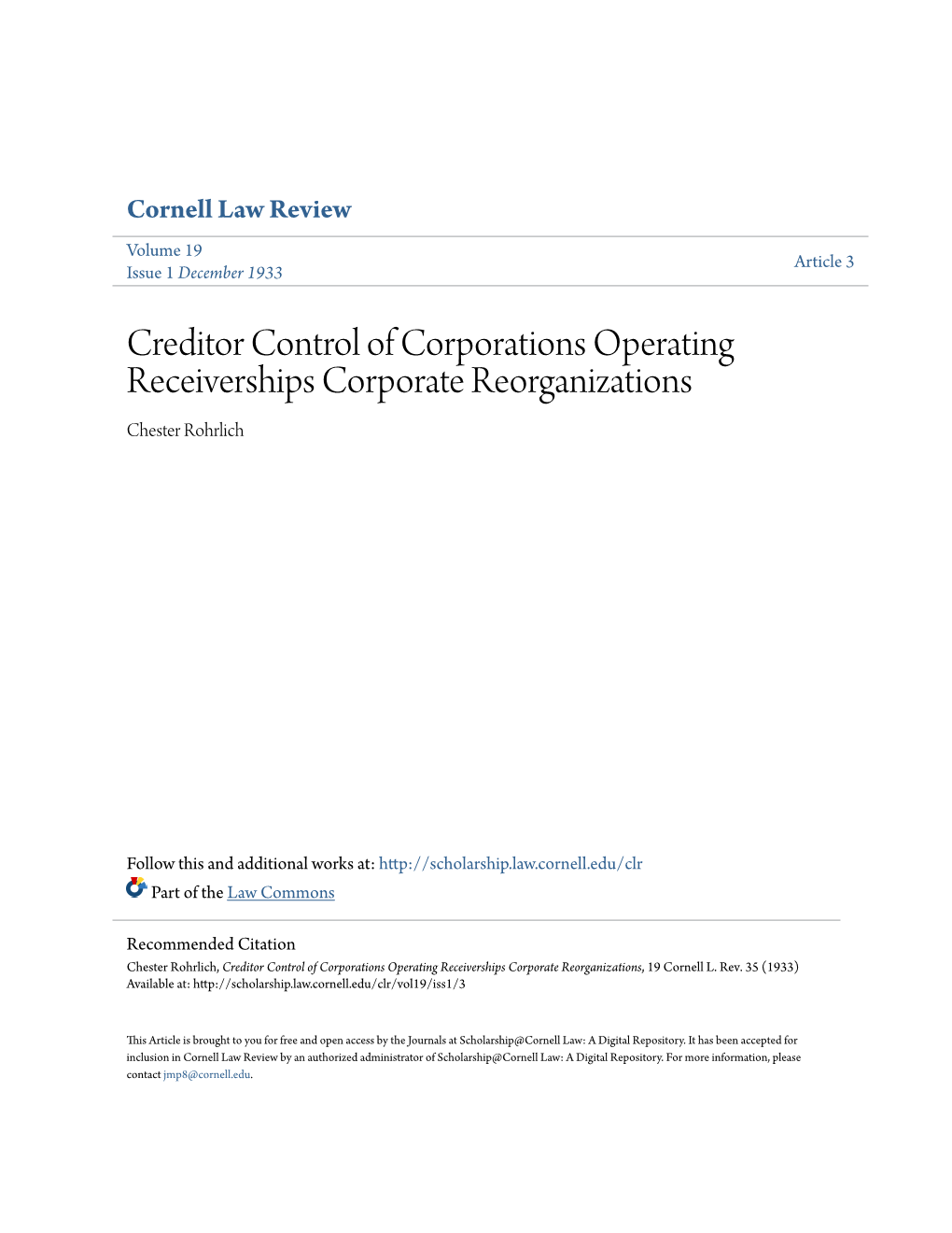 Creditor Control of Corporations Operating Receiverships Corporate Reorganizations Chester Rohrlich