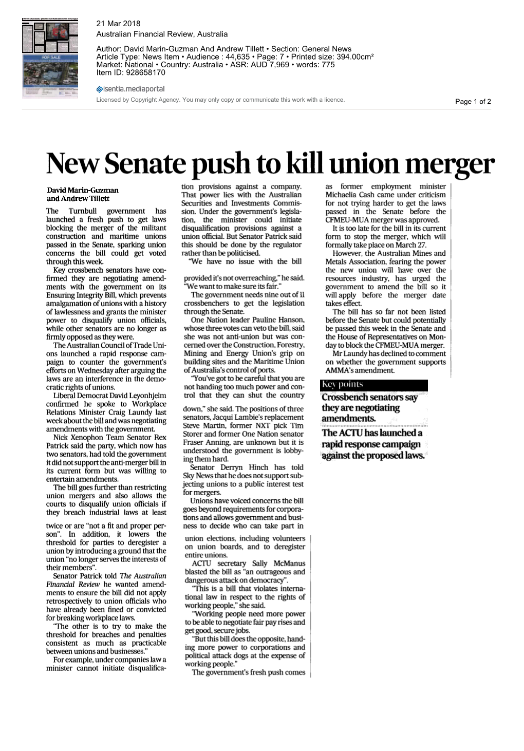 New Senate Push to Kill Union Merger Tion Provisions Against a Company