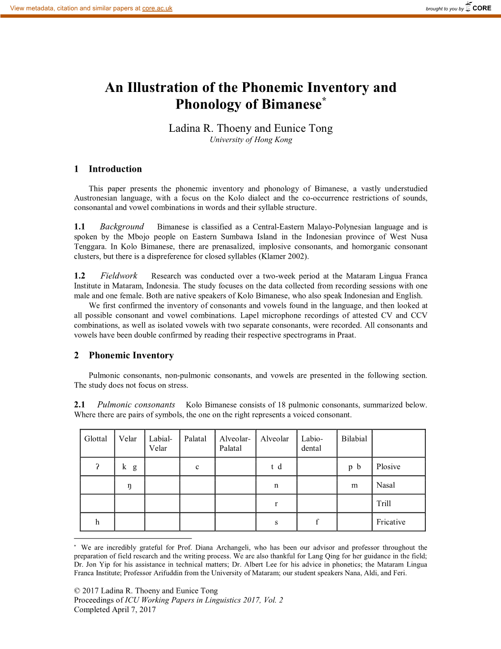 An Illustration of the Phonemic Inventory and Phonology of Bimanese*