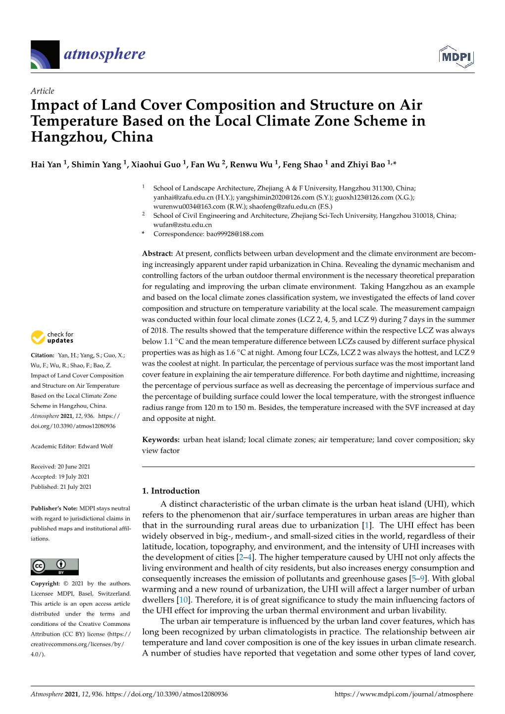Impact of Land Cover Composition and Structure on Air Temperature Based on the Local Climate Zone Scheme in Hangzhou, China