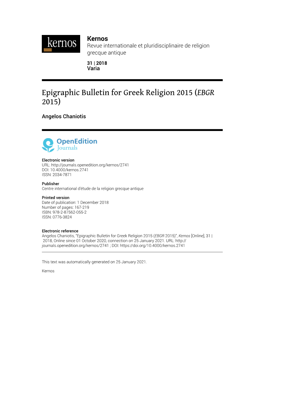 Epigraphic Bulletin for Greek Religion 2015 (EBGR 2015)