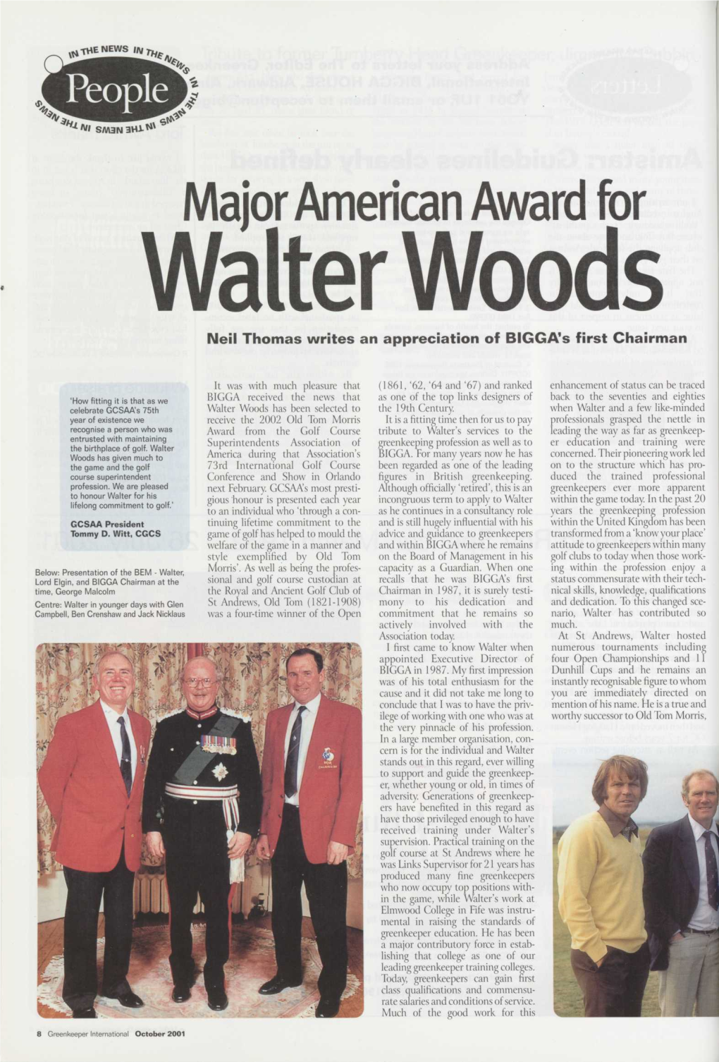 Major American Award for Walter Woods Neil Thomas Writes an Appreciation of BIGGA's First Chairman