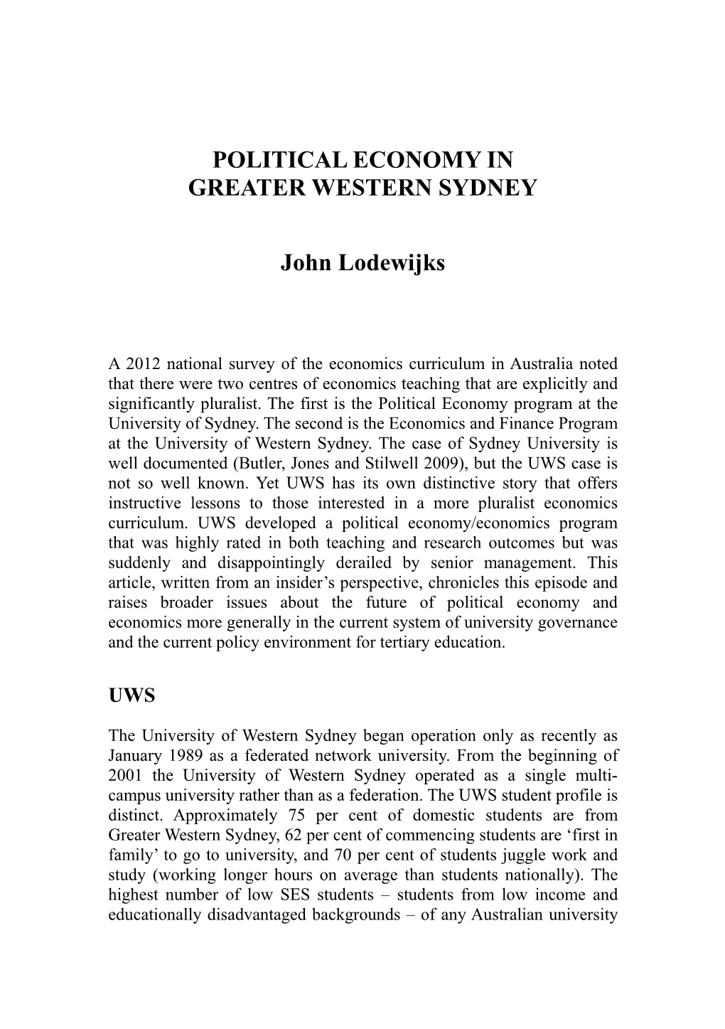 POLITICAL ECONOMY in GREATER WESTERN SYDNEY John Lodewijks